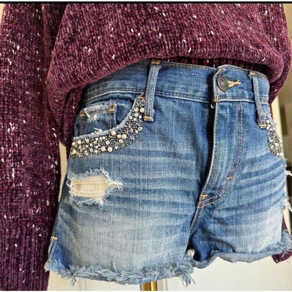 Abercrombie Fitch Jean Shorts Size 0 / 25 Waist Pearl Embellished Shorts Y2K - Picture 1 of 7